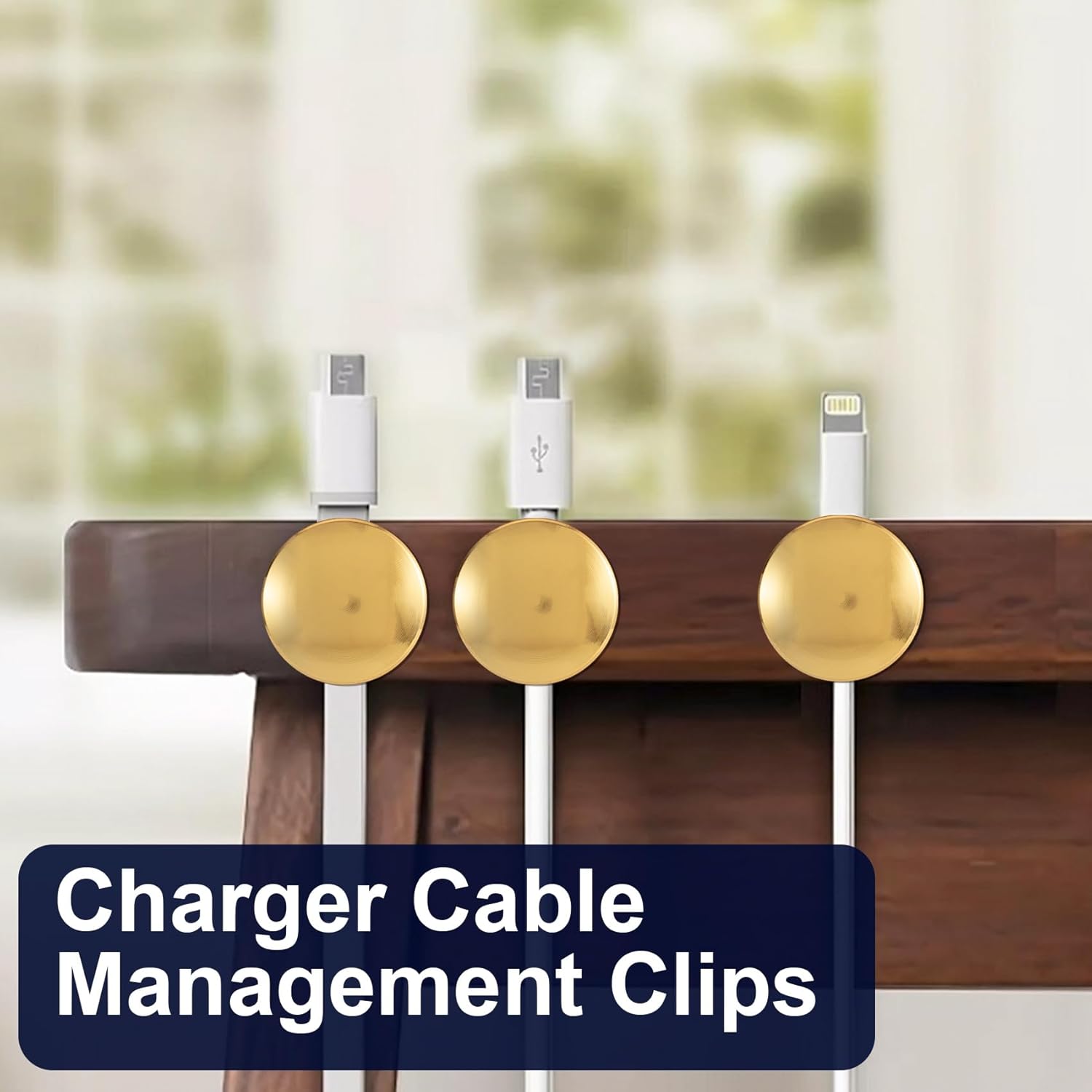 2pcs Metal Cord Holder for Desk, Charging Cable Organizer with Adhesive Dots, Adjustable Cable Anchors Cable Management Clips for Nightstand Desktop Wall- Gold