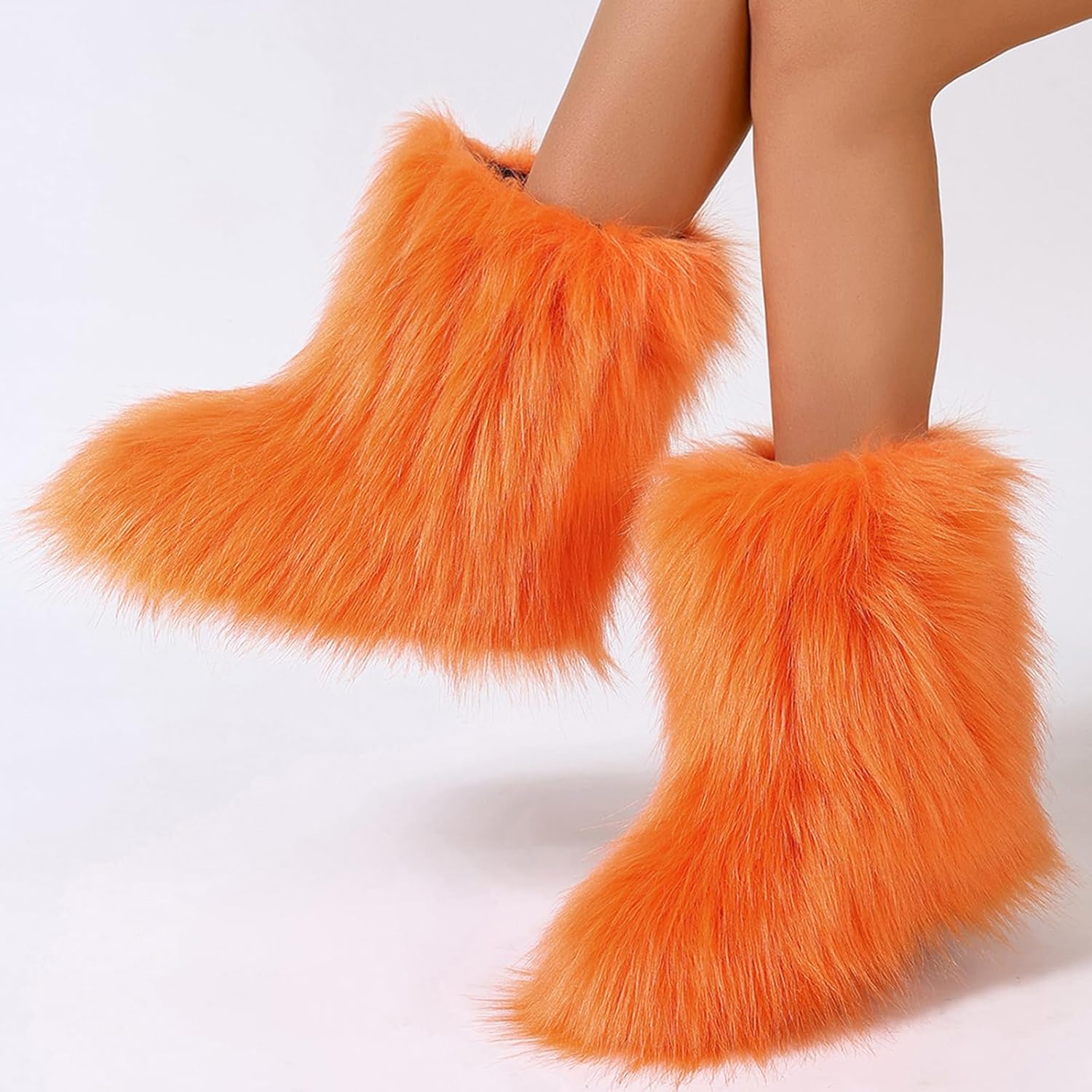 Women's Faux Fur Boots Furry Mid Calf Fur Boots Winter Warm Plush Surface Snow Boots Comfortable Outdoor Flat Shoes