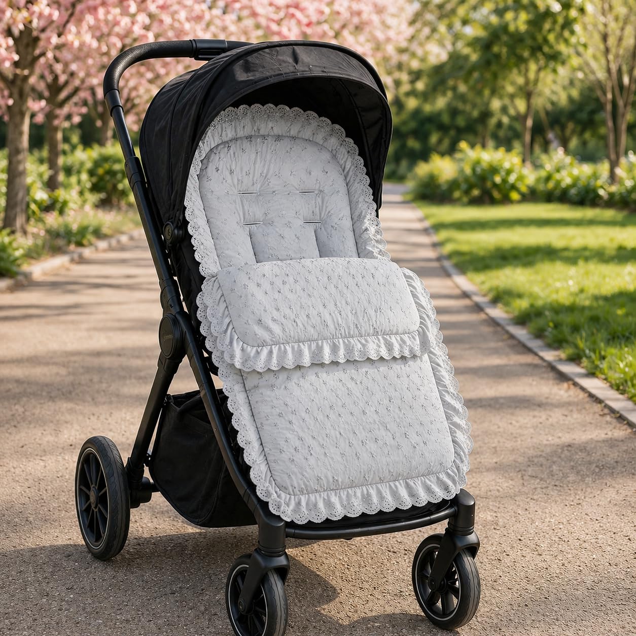 FYLO Universal Broderie Anglaise Pushchair Footmuff with Cosy Toes –Soft Frilly Liner with Lace Trim –Compatible with Silver Cross - All Prams, Strollers, Buggies –Newborn to Toddler (Grey)