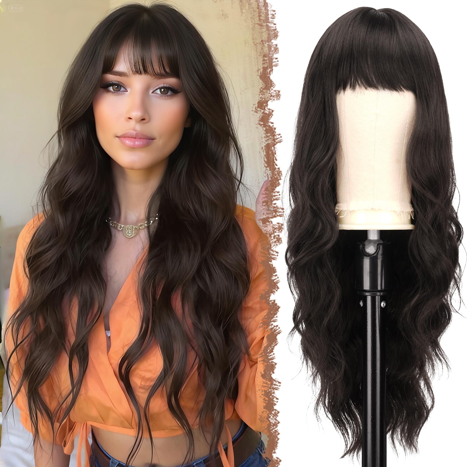 FESHFEN Parrucca Marrone Scuro Ondulata con Frangia per Donna, 65 cm Parrucche Lunga Ondulati Ricci Sintetici Naturali Capelli Parrucca Resistente al Calore per Uso Quotidiano Festa