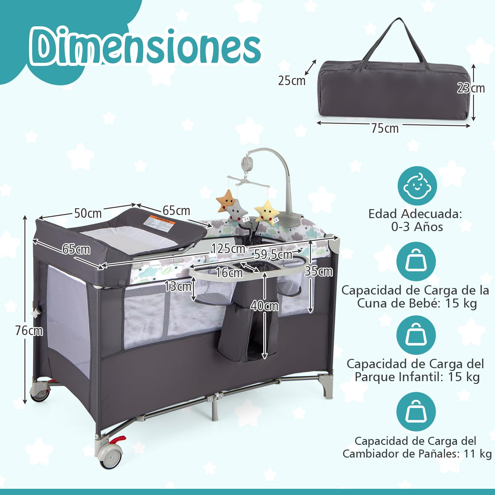 RELAX4LIFE 5 en 1 Cuna Infantil Bebe con 2 Ruedas Bloqueables, Cambiador, Correa Fijación, Caja de Música y 3 Juguetes Colgantes, Cuna con Colchón y Bolsa de Transporte para Bebés 0-36 Meses (Gris)