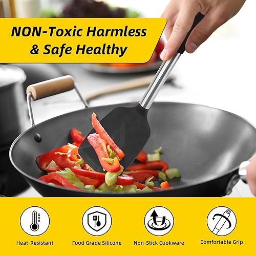 Miniatura 4 de Juego de 4 utensilios de silicona, espátulas sólidas antiadherentes, cucharas ranuradas azules resistentes al calor con mango de acero inoxidable,