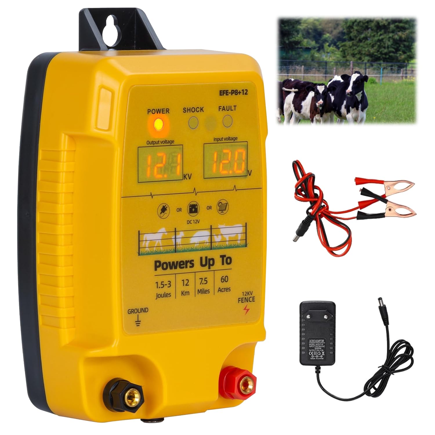 12 V Valla eléctrica con indicador LED, 1,5 – 3 julios, resistente al agua, sensor de corriente eléctrico, alcance 10 km, vallador eléctrico para ganado, ovejas, aves de corral y ganado