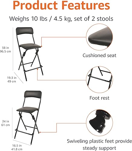 Miniatura 3 de Tienda Basics Taburete plegable con reposapiés, capacidad de 300 libras, 24" de altura, negro, juego de 2