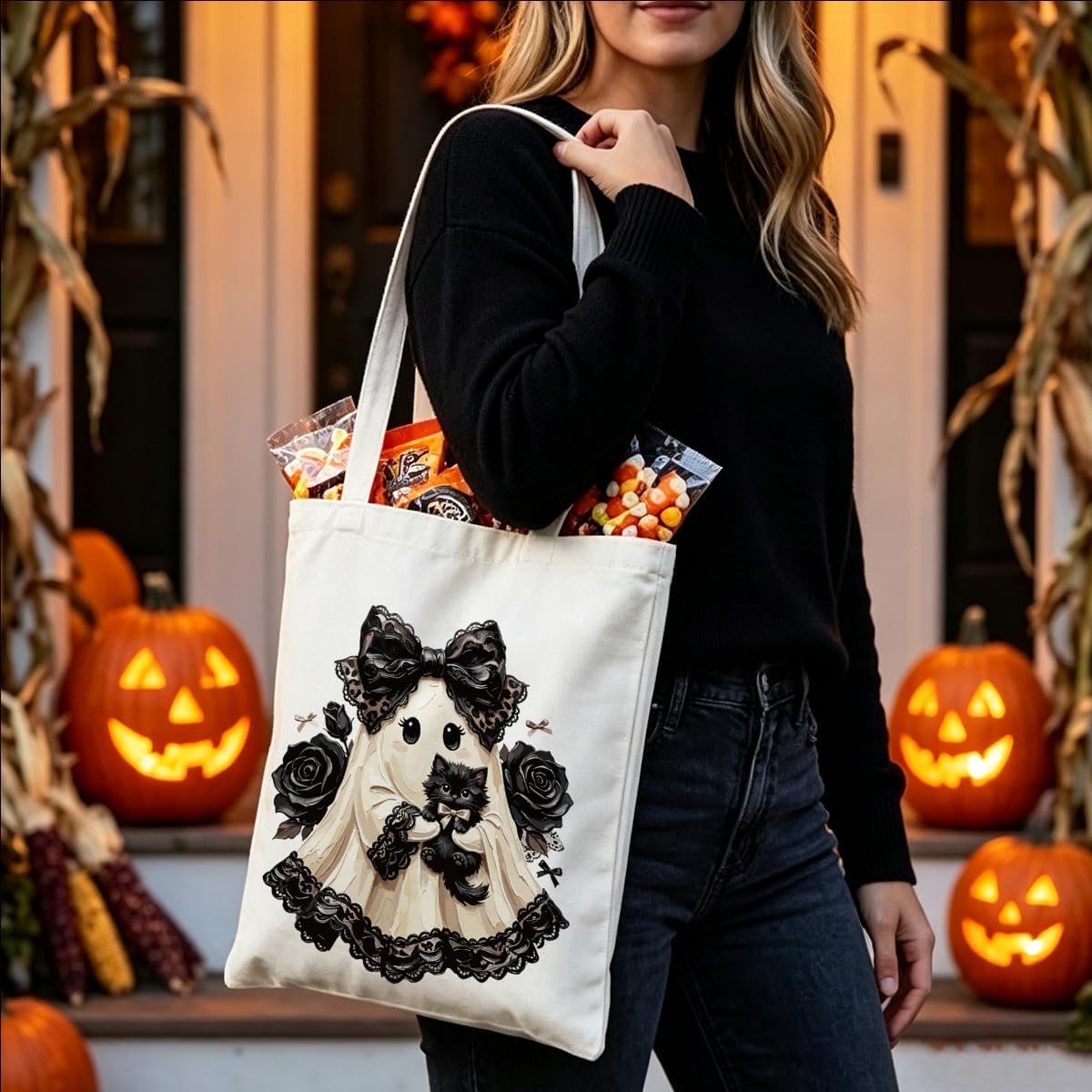 Halloween Ghost Tote Bag Funny Black Cat Canvas Bag for Work Travel image 5