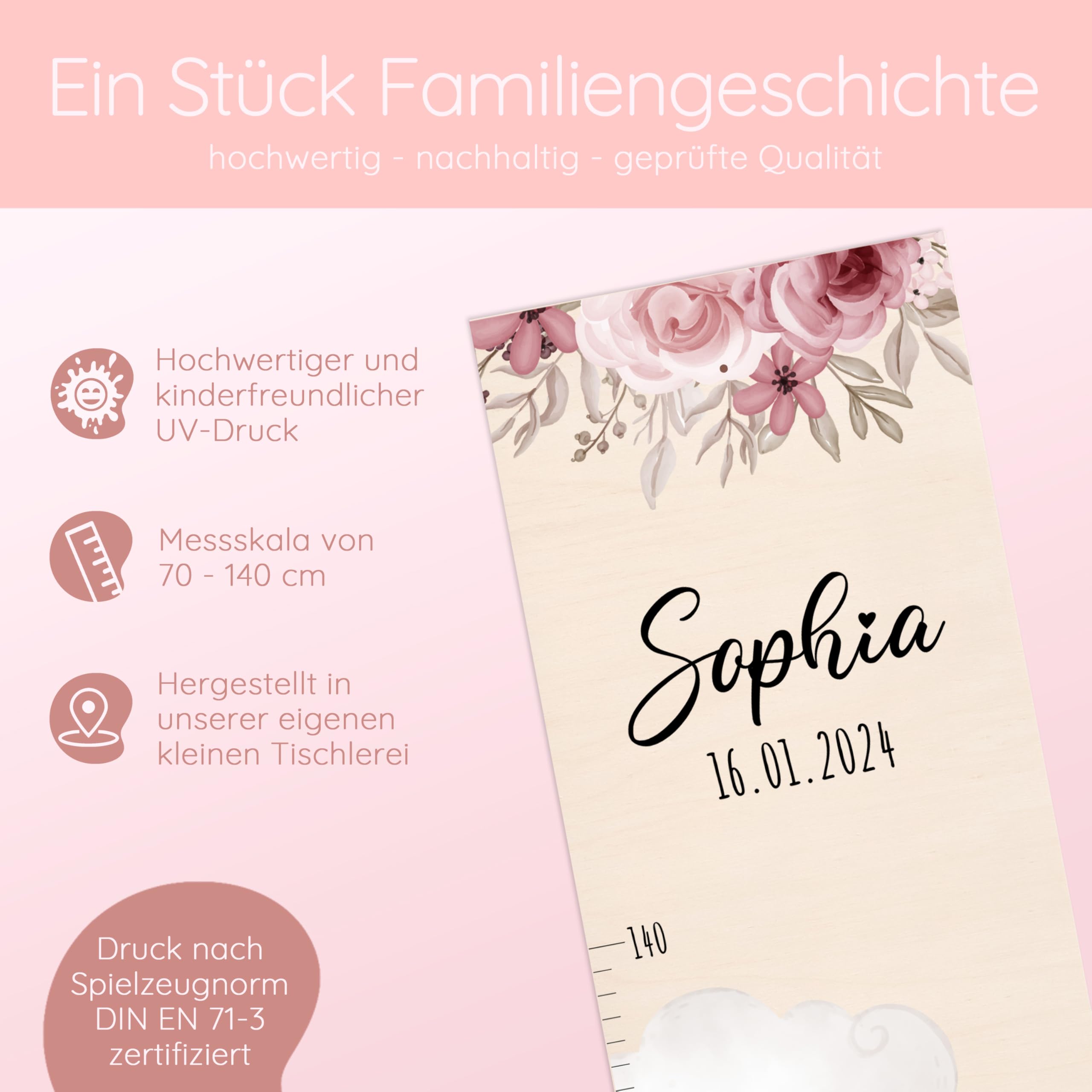 Bärenfreunde® - Personalisierte Messlatte Kind Holz zum Kleben oder Aufhängen - Skala 70-140cm - Süße Dekoration für Baby- & Kleinkinderzimmer (Kinder 70-140cm, Reh Blumen)