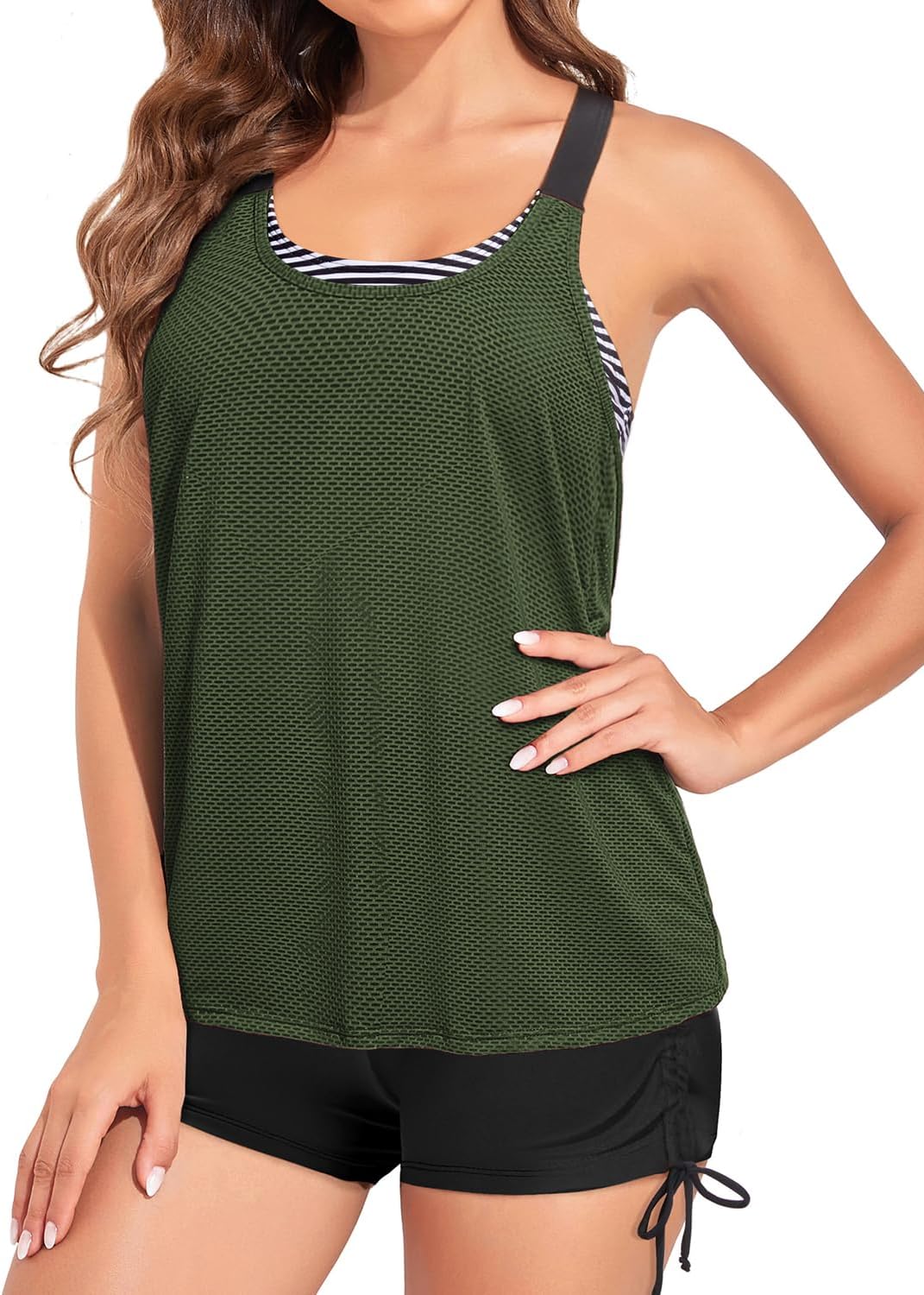 Two Piece Tankini with Shorts - Mesh Swim Tops with Boy Shorts Tummy Control Swimsuits Sporty Bathing Suits Flowy Swimwear