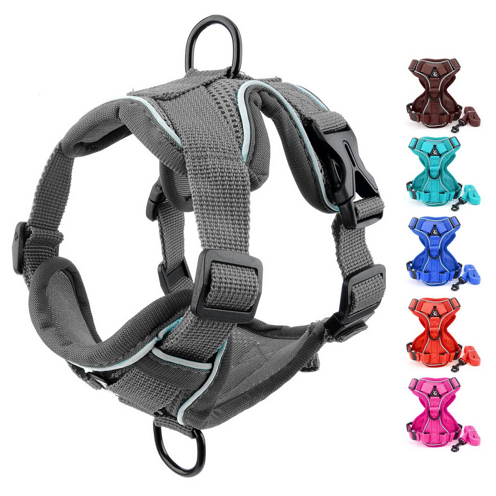 SMALLLEE_LUCKY_STORE Pet No Pull Puppy Harness and Leash Set for Small Medium Dogs Cats Front Back Clip Reflective Soft Mesh Padded Adjustable Comfort Vest for Walking French Bulldog Harness,Grey,S