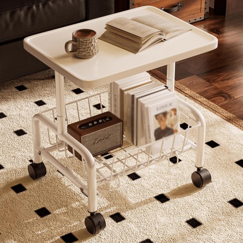 SXZenSpace Multifunctional Open Shelf 2 Tiers Coffee End Table,Couch Side Table with Wheels And Metal Frame,TV Tray Tables for Living Room,white