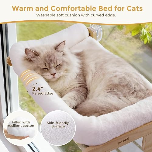 Miniatura 6 de Pecute Percha plegable para ventana para gatos, cama para gatos suave como la nube con marco de madera maciza, ventosa fuerte, cojín lavable, hamaca