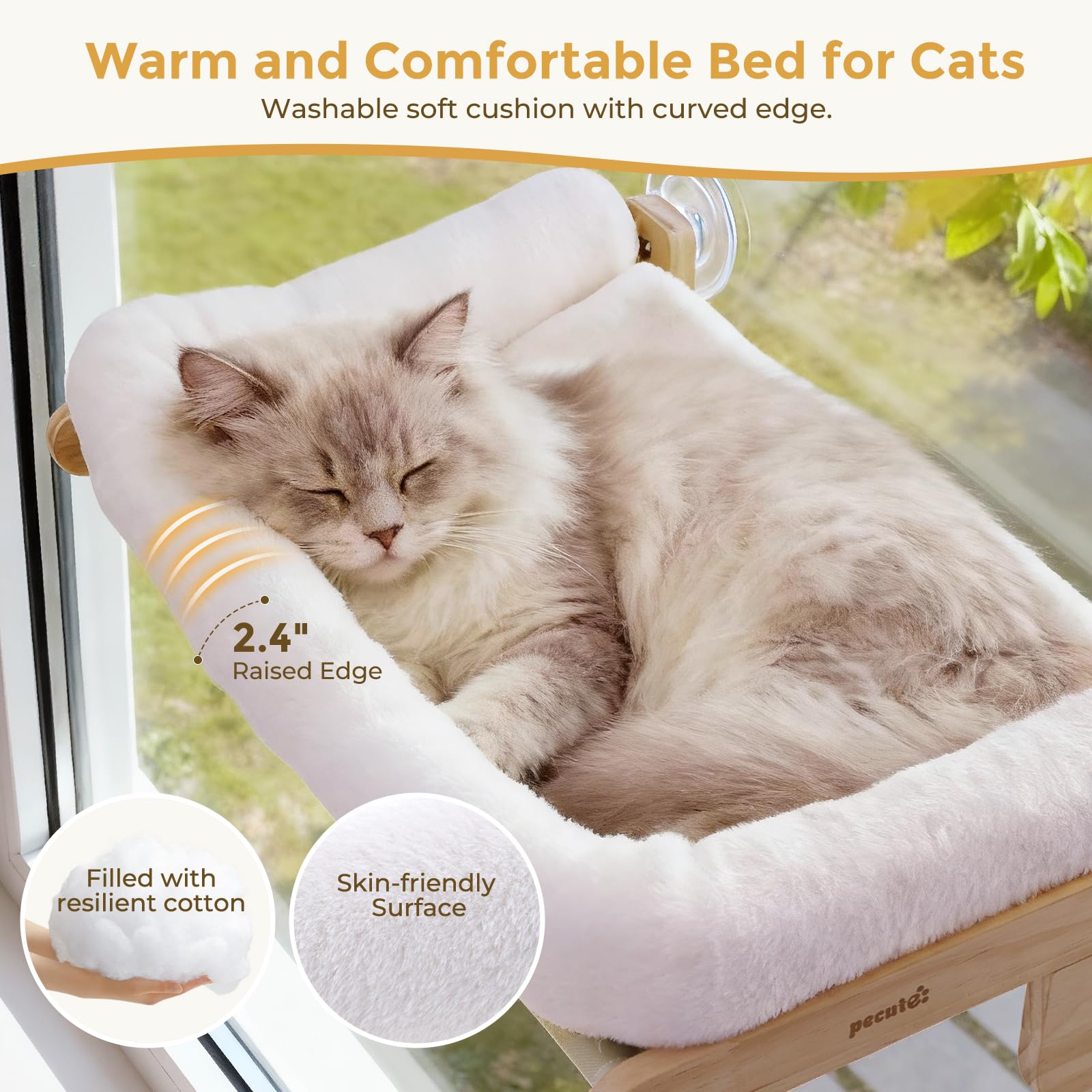 pecute 66x39cm Weiche Katzen Fenster Hängematte, Katzen Fenster Sitzstange Weicher Plüsch Faltbares, Katzenliege Fensterbank, Fensterliege für Hält 18kg (Weiß, Groß)