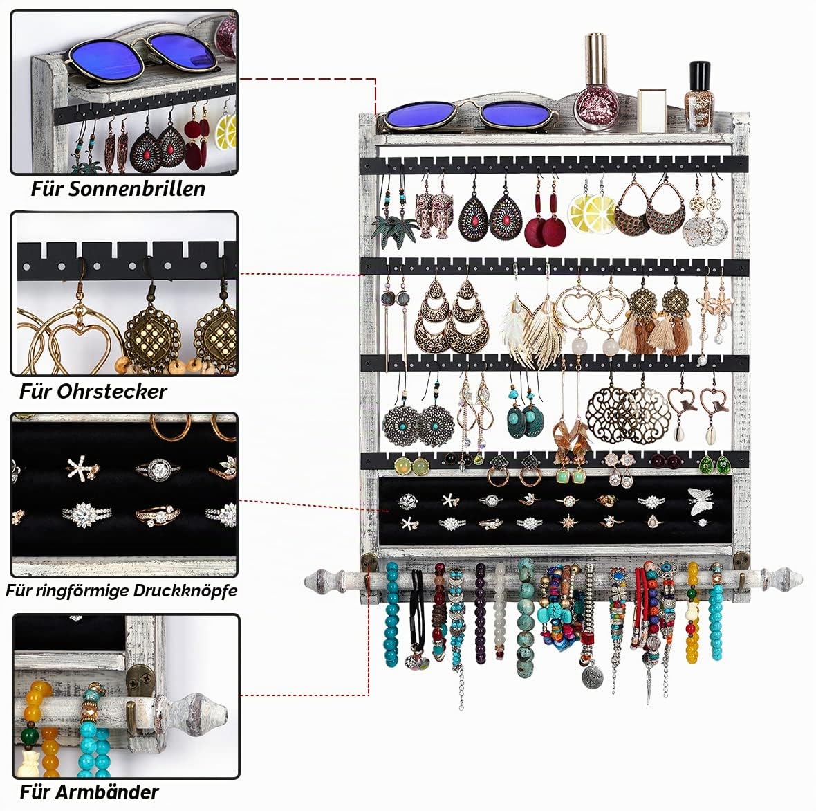 Wand-Schmuck-Organizer, rustikaler Holz-Hänge-Organizer, 3er-Set, große Aufbewahrung für Halsketten, Armbänder, Ohrringe, Weiß | Rustikaler Schmuck-Organizer und Aufbewahrung, Wand-Schmuckaufhänger für Zuhause, Schmuckaufbewahrung