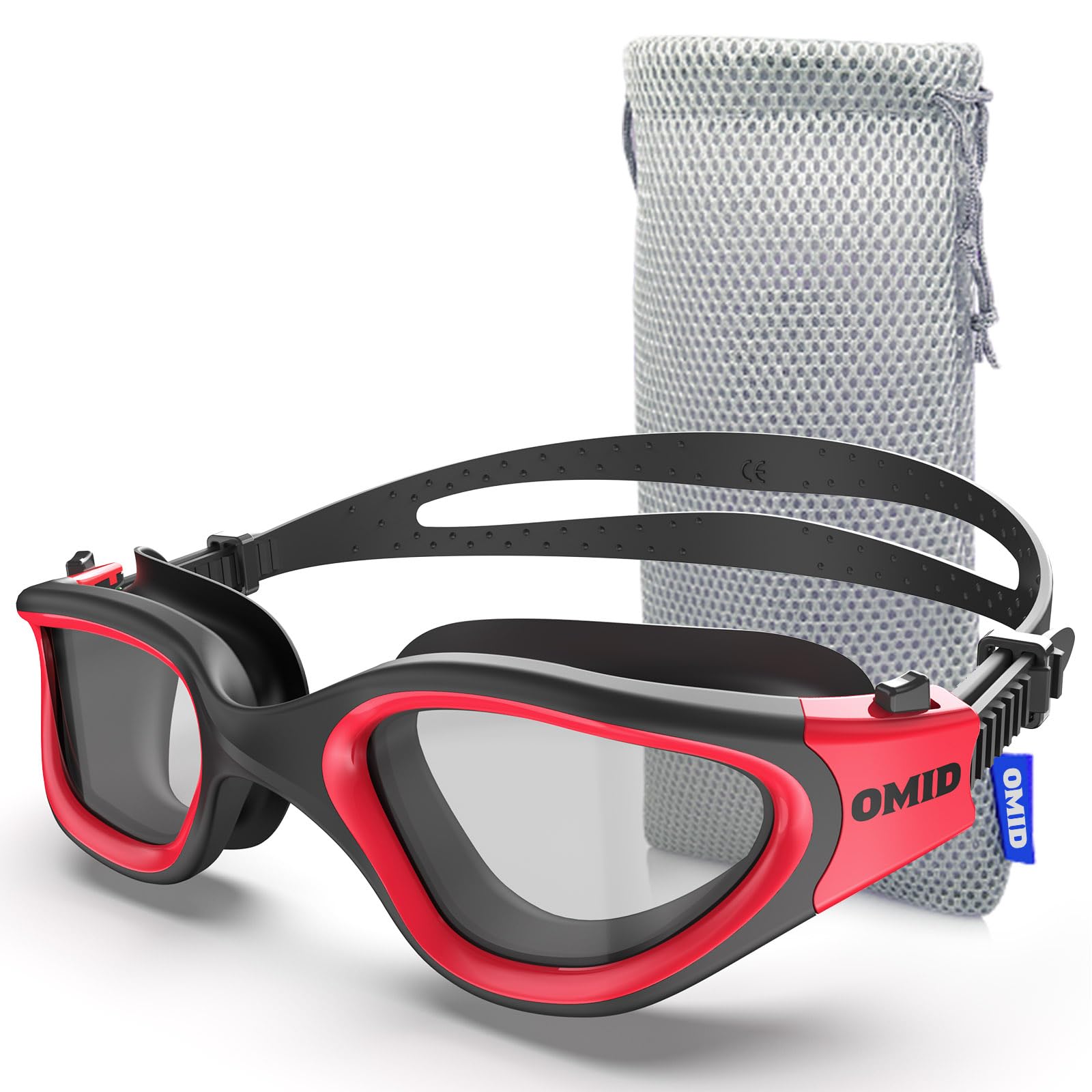 OMID Swim Goggles, P2 Lite Comfortable Anti-Fog Swimming Goggles for Men Women Adults Youth (BlackRed-Clear)