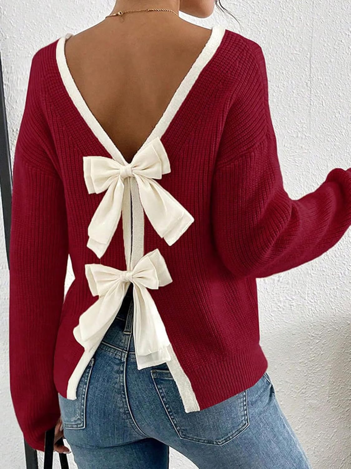 Molisry Women's Pullover Sweaters Sexy Long Sleeve Crew Neck Open Back Dressy Fall Bow Sweater 2025 - Image 3