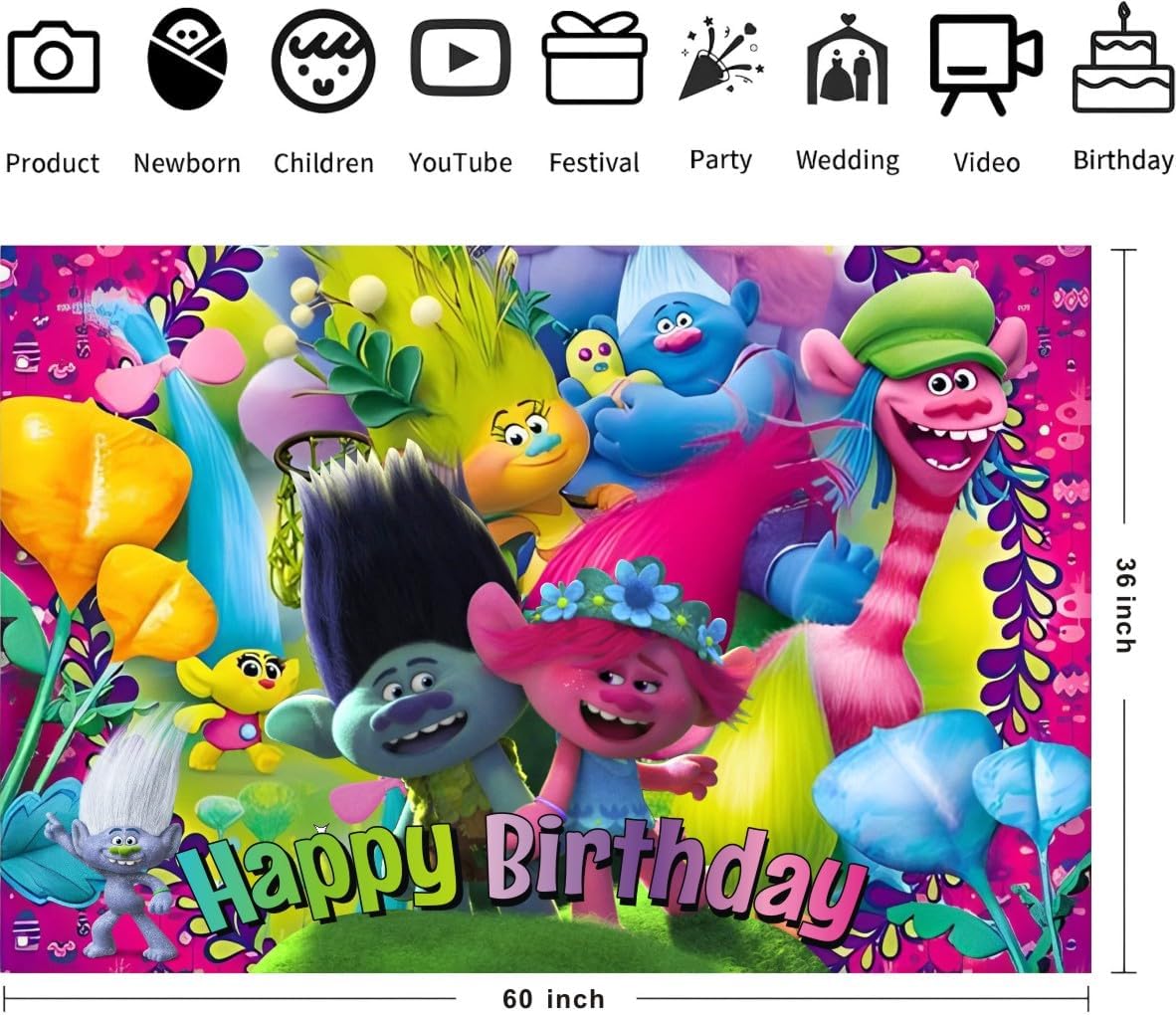 TRO-lls Birthday Backdrop Decorations for Kids Party Supplies (5x3ft)