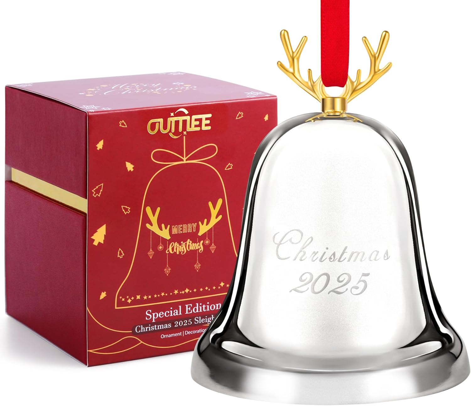 2025 Annual Christmas Bell, Silver Bell Ornaments for Christmas Tree Decorations, Holiday Bell Jingle Bell for Anniversary with Ribbon & Gift Box