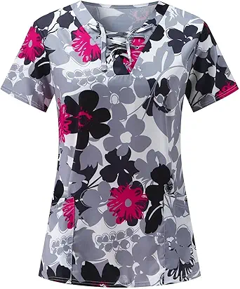 OIOLOYJM Printed Scrub Tops Women Short Sleeve V Neck Plus Size Scrubs for Womens Nursing Uniforms Shirts with Pockets