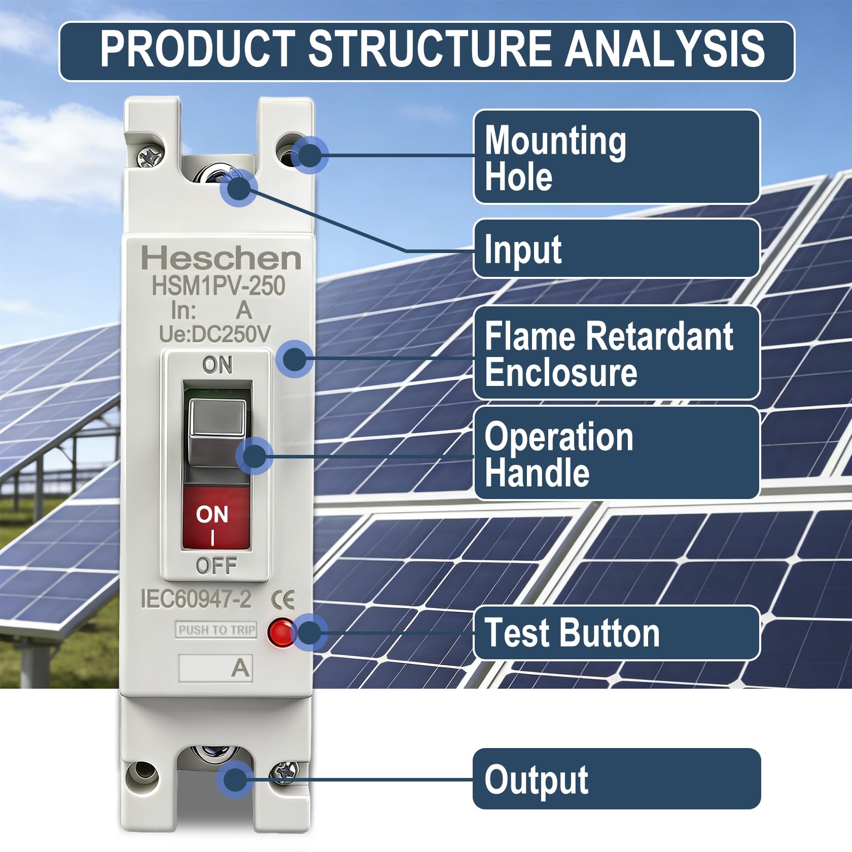 Heschen Interruttore DC MCCB 1 polo, DC250V interruttore fotovoltaico, per impianto solare PV (250A HSM1PV-250)
