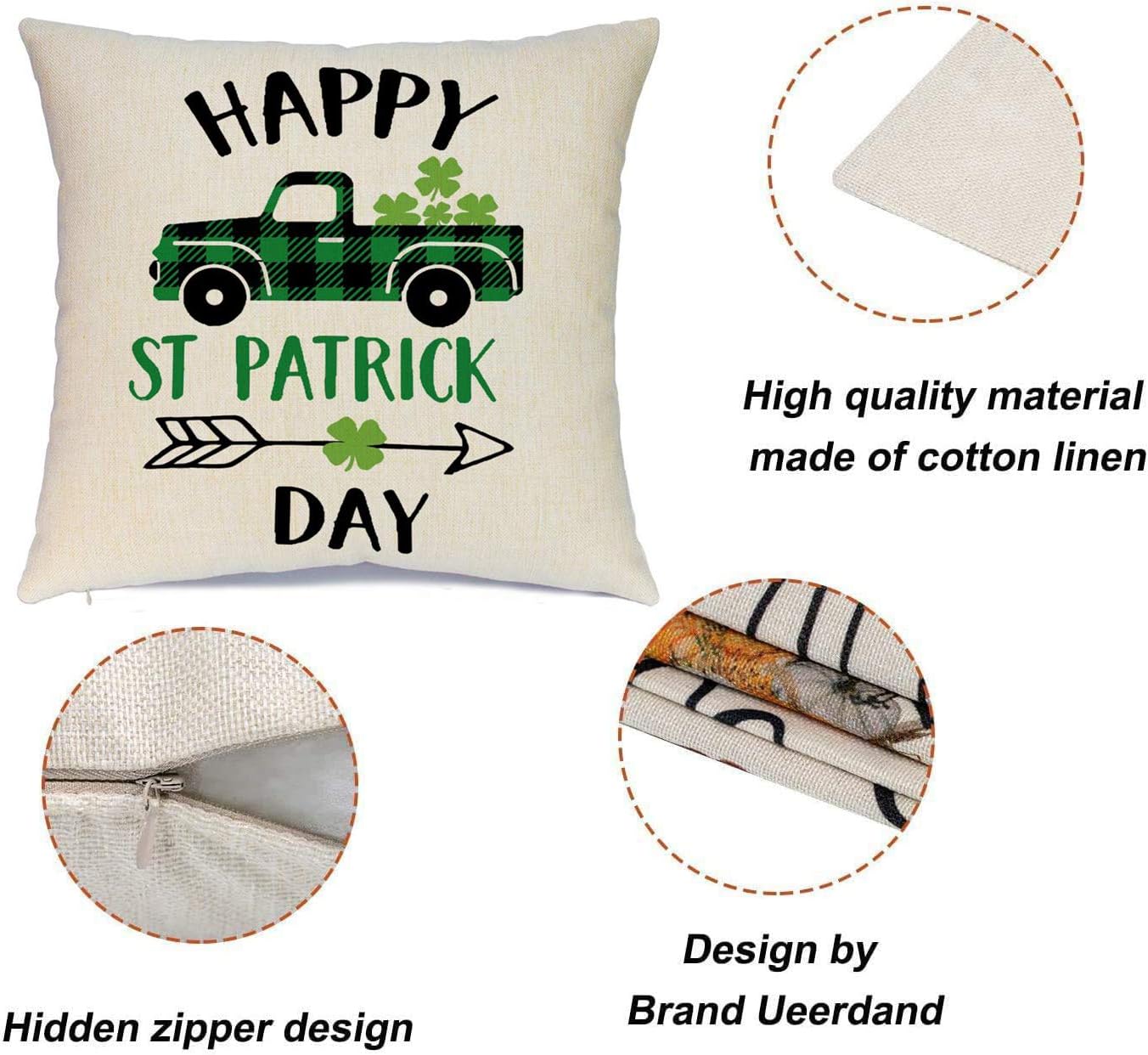 Ueerdand St Patrick's Day Pillow Covers Set of 4 18x18 Inch Shamrock Happy St Patrick's Day Decorations Green Clover Buffalo Plaid Lucky Truck Decorative Pillow Cases Throw Cushion Covers - Image 2