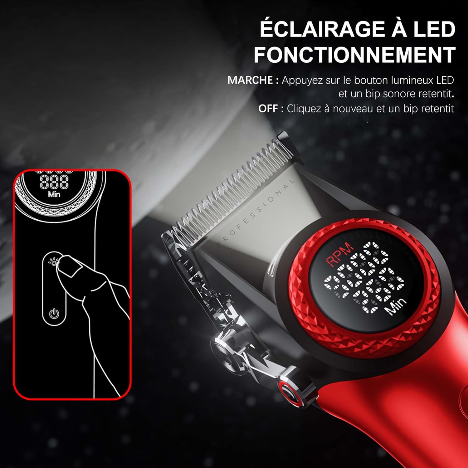 VGR clipper with LED spotlight illuminated, showing how to activate it.