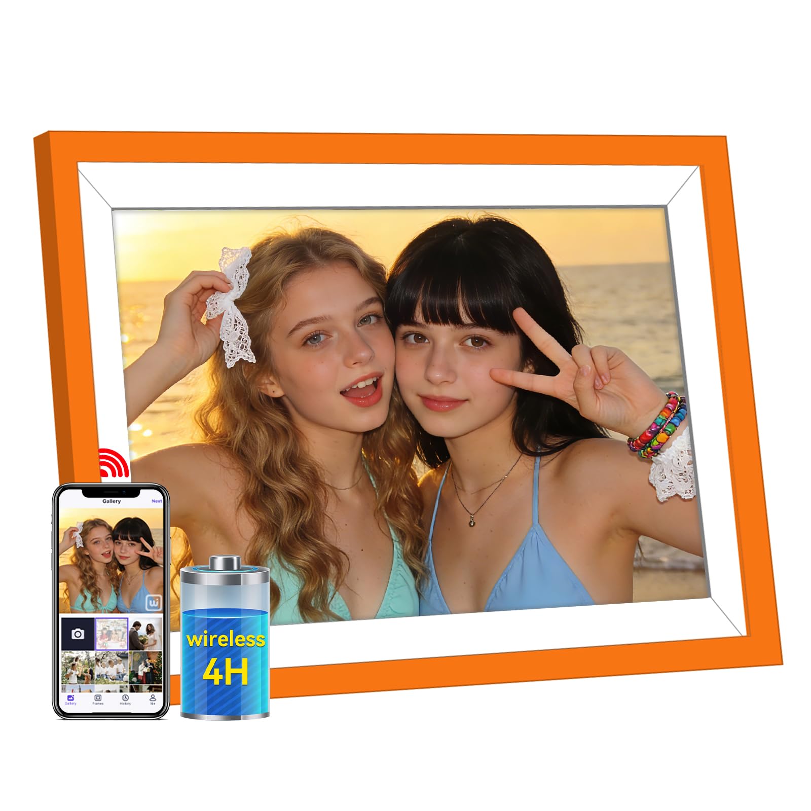 Battery Power Digital Photo Frame Electronic LED Screen Customizable Touchscreen 10.1'' 1920x1080 HD IPS, Share Photos and Videos 6 Hours,32GB,Wedding