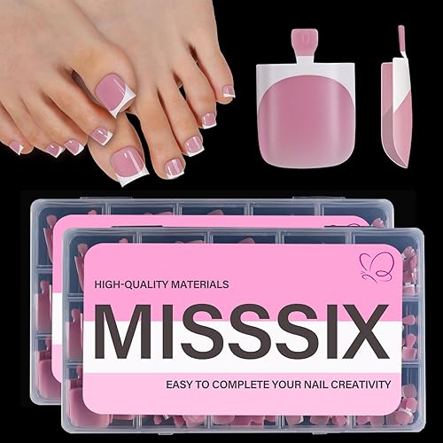 Misssix French Tip Press on Toe Nails, 300PCS French Square Toe Nail Tips, Soft Gel False Toenail, Acrylic Soak off Fake Toe Nails for Women Nail Art DIY 15 Sizes