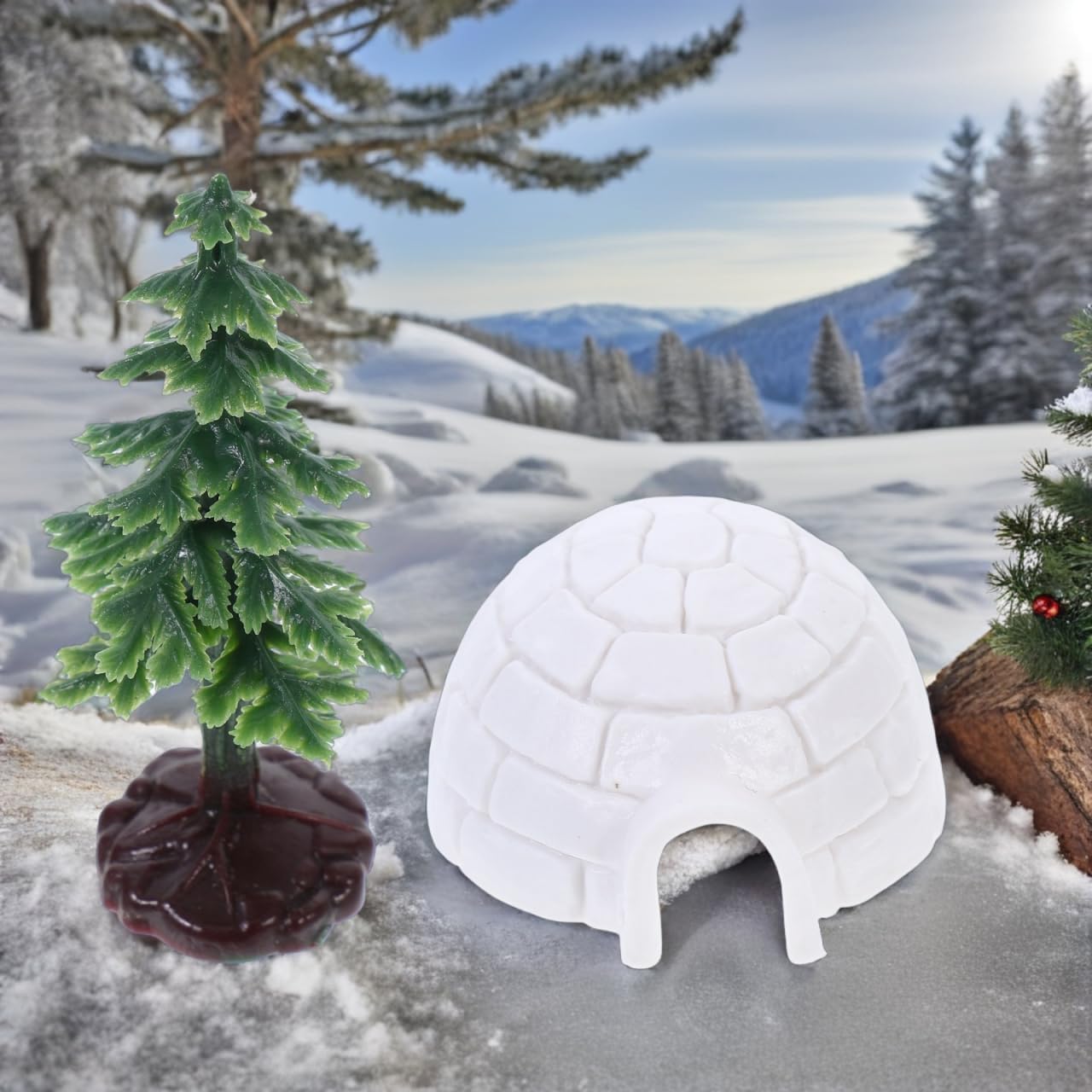 Yardwe 4Set Mini Ice House Model Figurines with Christmas Tree Decorative Igloo Ornaments for Holiday Tabletop Lifelike Ice House Statues for Home Decor