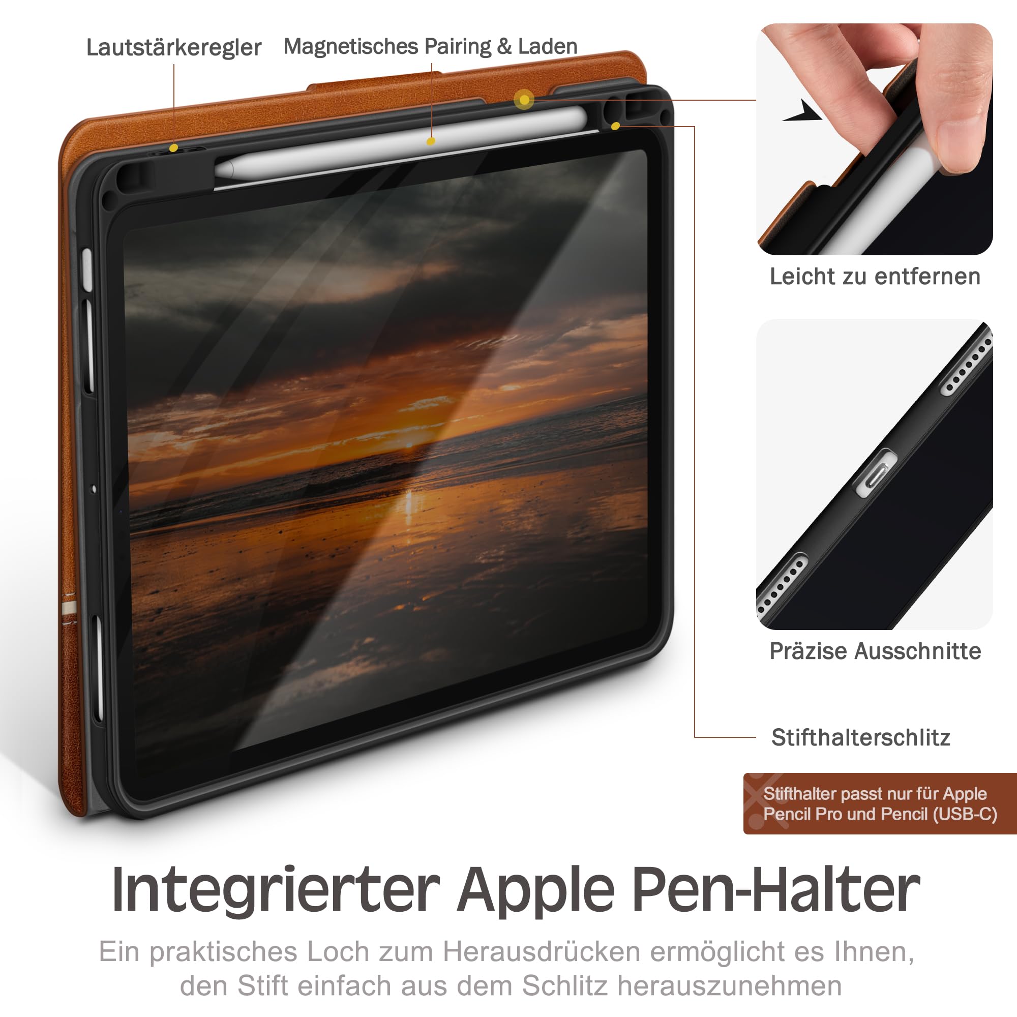 KingBlanc für iPad Air 11 Hülle M4/M3/M2 Air 5/4 Braun | Design im Notizbuchstil, Integrierter Stifthalter, Veganes Leder, Verstellbarer Ständer, Magnetverschluss