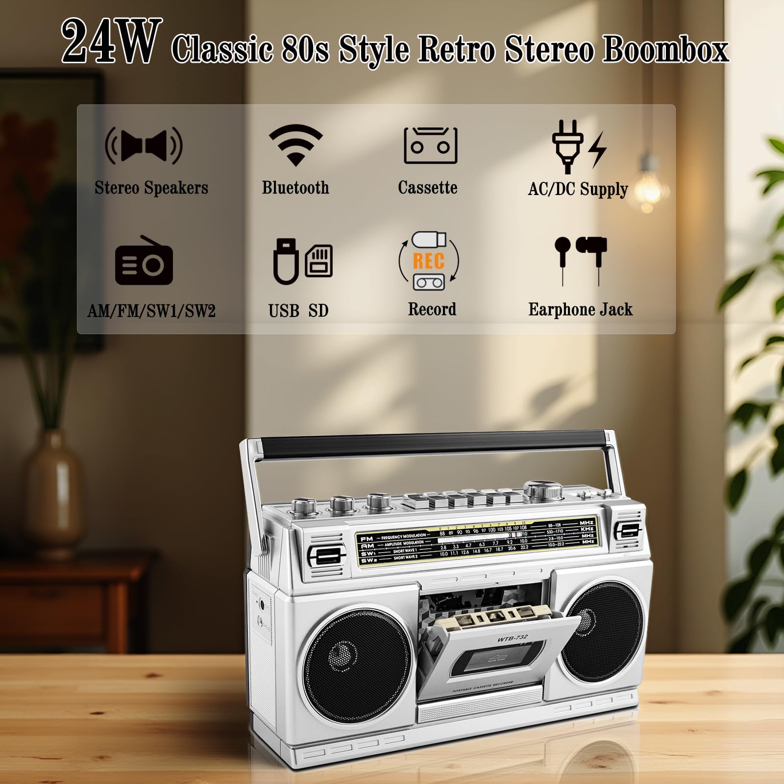 Boombox Rétro Années 80 Bluetooth Lecteur Cassette Radio AM/FM/OC 24W Portable USB Micro SD