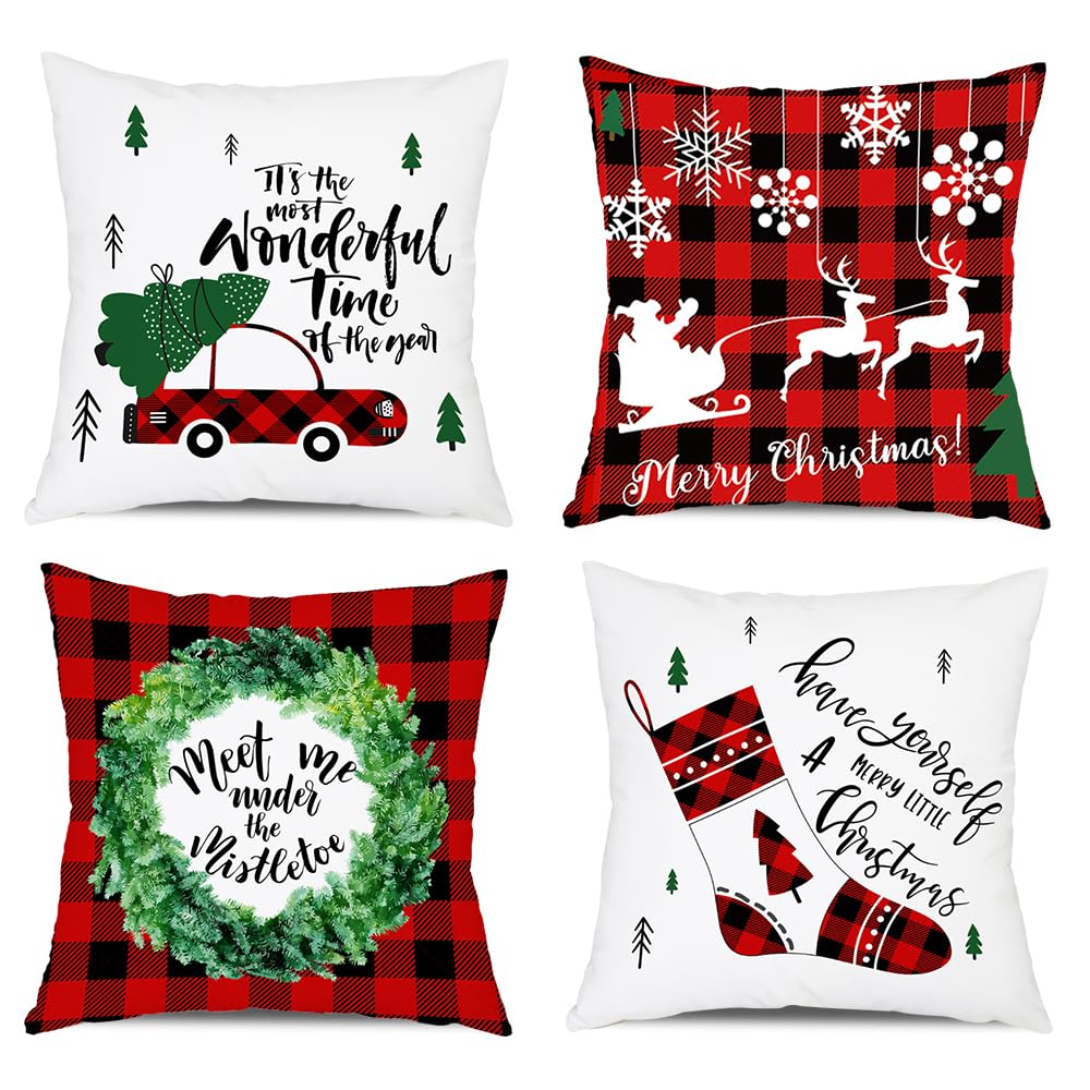 TOLOYE Fundas Almohada Navidad 4 Paquete, Retro Rojo Doble Cara Fundas de Cojines de Navideñas Fundas para Cojines Sofa Cama Navidad Decoración Hogar 45x45cm