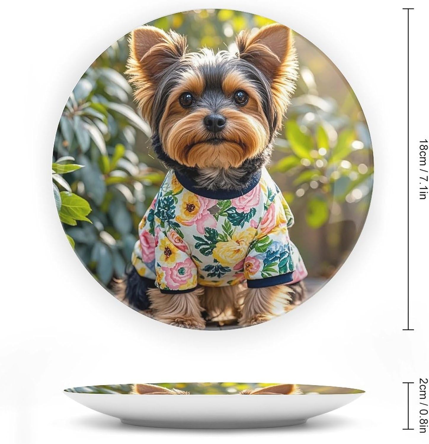 Yorkie Floral Ceramic Plate 10inch Decorative Bone China Wall Hanging Ornament Plates Bohemian Style Dinner Plate with Display Stand Cabinet Display Plates for Home Art Decor