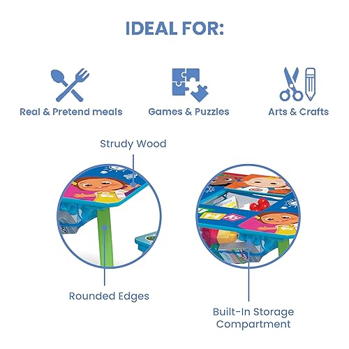 Miniatura 6 de Delta Children CoComelon - Caja de juguetes de autobús escolar + juego de mesa y 2 sillas para niños Delta Children Cocomelon con almacenamiento