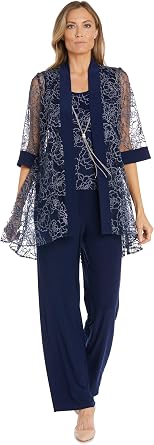 R&M Richards Womens 3-Piece Glitter Embroidered Duster Jacket, Tank Top W/Attached Necklace and Pants Set.