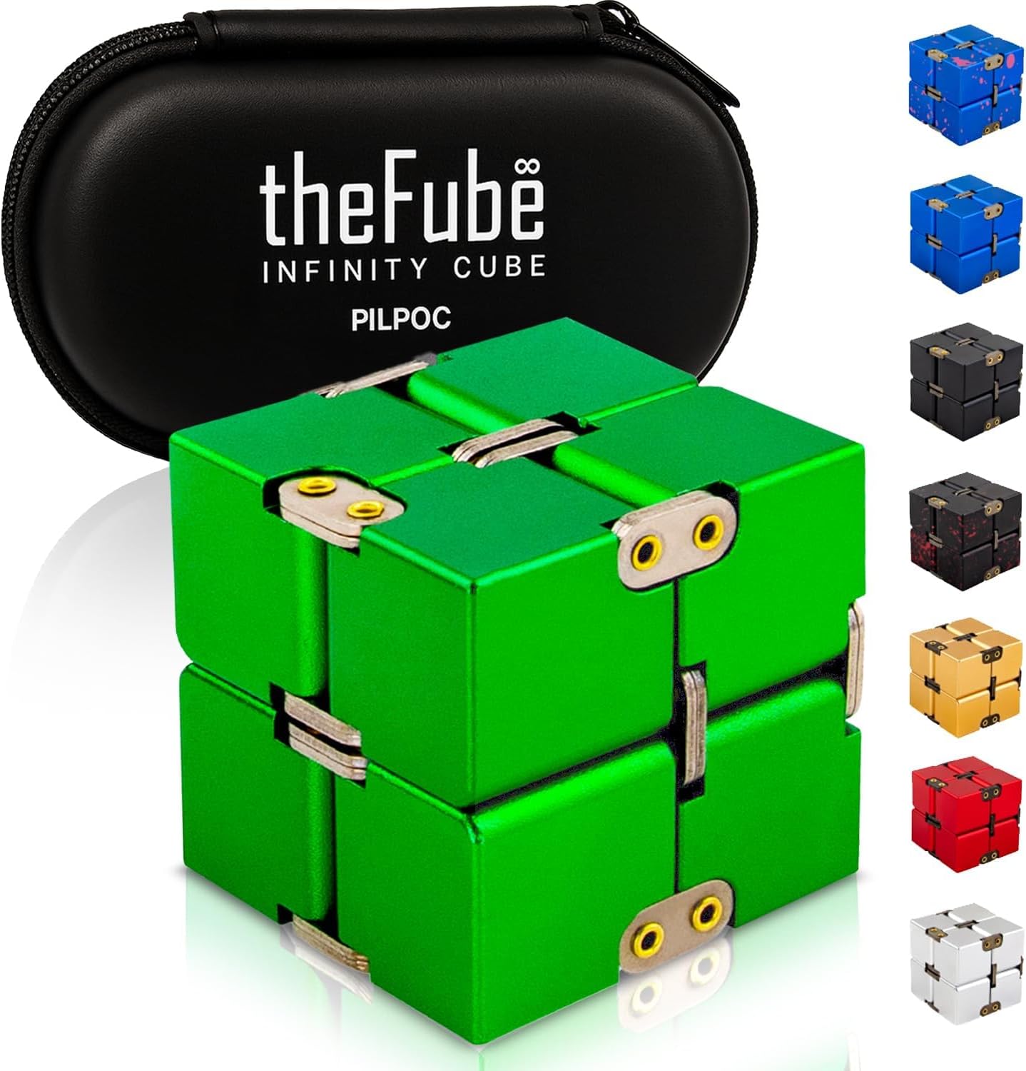 PILPOC theFube Infinity Cube Fidget Desk Toy - Aluminum Infinite Magic Cube with Case, Sturdy, Heavy, Relieve Stress and Anxiety, for ADD, ADHD, OCD (Green)