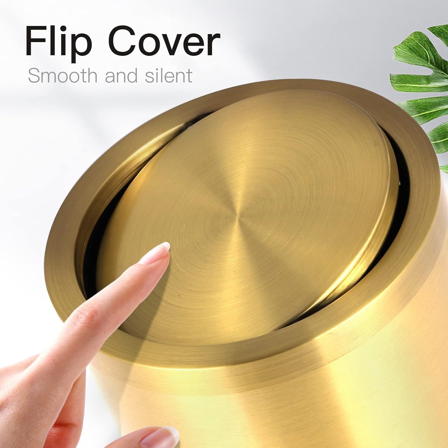 2Pcs 2.6 gallon gold bathroom trash can + Wall mounted toilet brush holder set,Small gold garbage can wastebasket trash bin with swing lid for bedroom,kitchen,powder room (Gold+ Brush Holder)