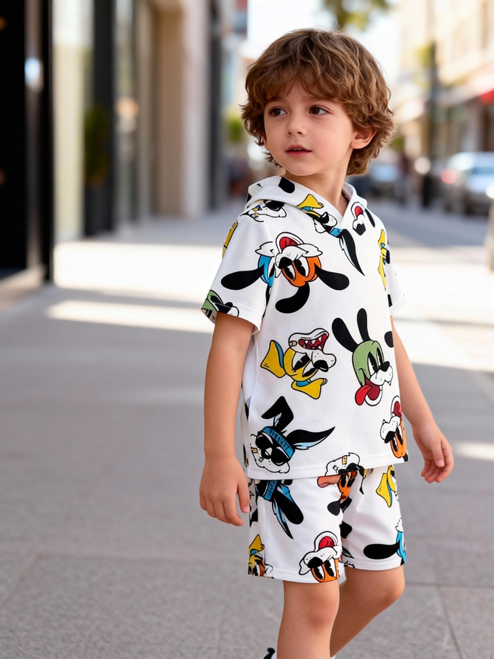 Conjunto de 2 piezas con estampado de dibujos animados, camiseta de manga corta con capucha y pantalones cortos para niños y niñas, ropa casual de verano — view 4