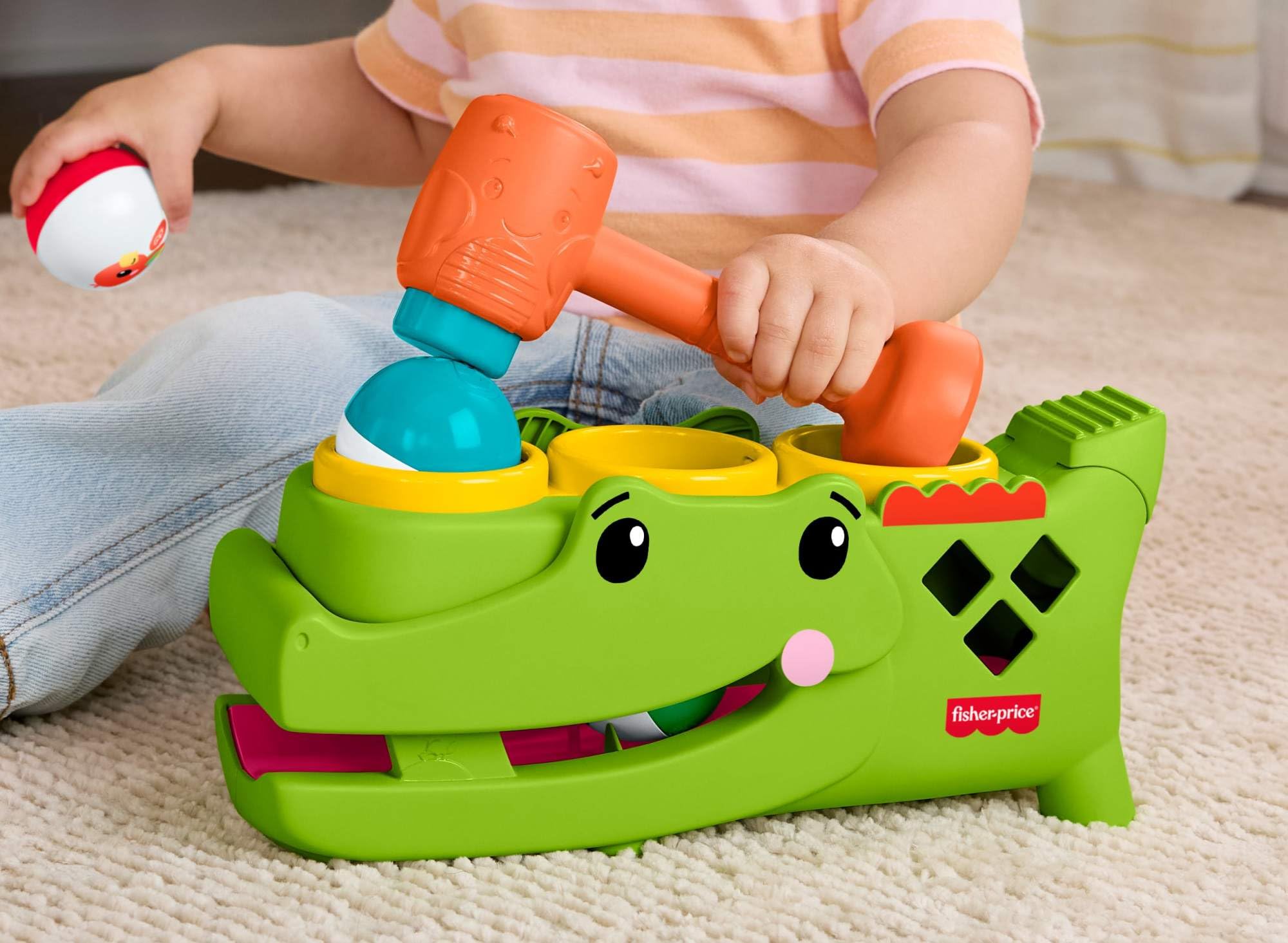 Fisher-Price Krokodyl Przebijanka aktywizująca z piłeczkami, zestaw zachęcający do raczkowania, młoteczek i 3 piłeczki, zabawka rozwojowa dla dzieci od 9 miesiąca życia, JLB94