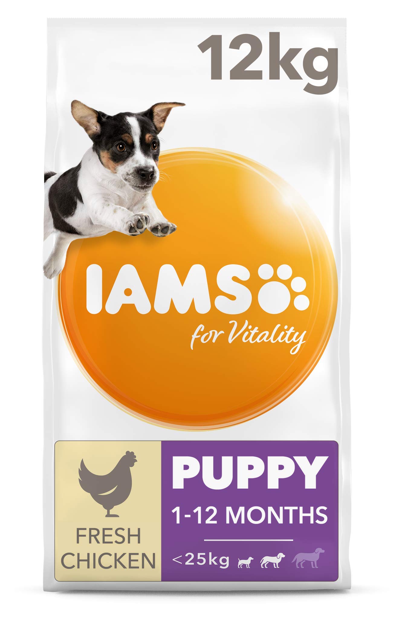 IAMS for Vitality Alimento seco para Cachorros (1-12 Meses) de Raza pequeña y Mediana con Pollo Fresco, 12 kg