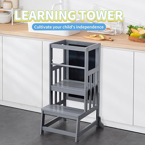 Miniatura 9 de UNICOO Taburete de bambú de altura ajustable para niños, torre de pie de cocina para niños, taburete de cocina estilo Montessori con tablero de arte