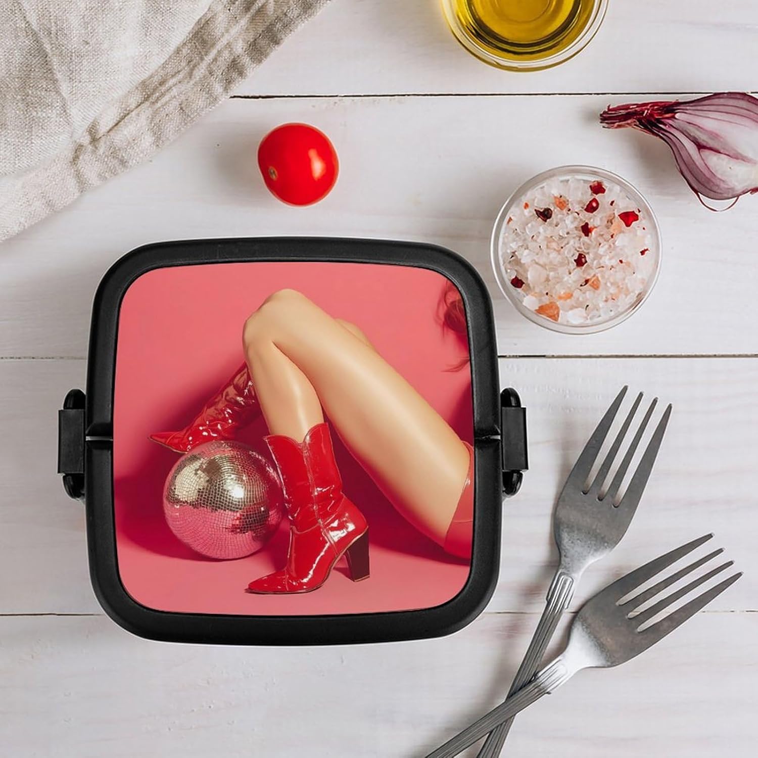 Boot Disco Ball Print Bento Box with Spoon 2 Layer Food Container Cute Lunch Box for Travel Dining Work