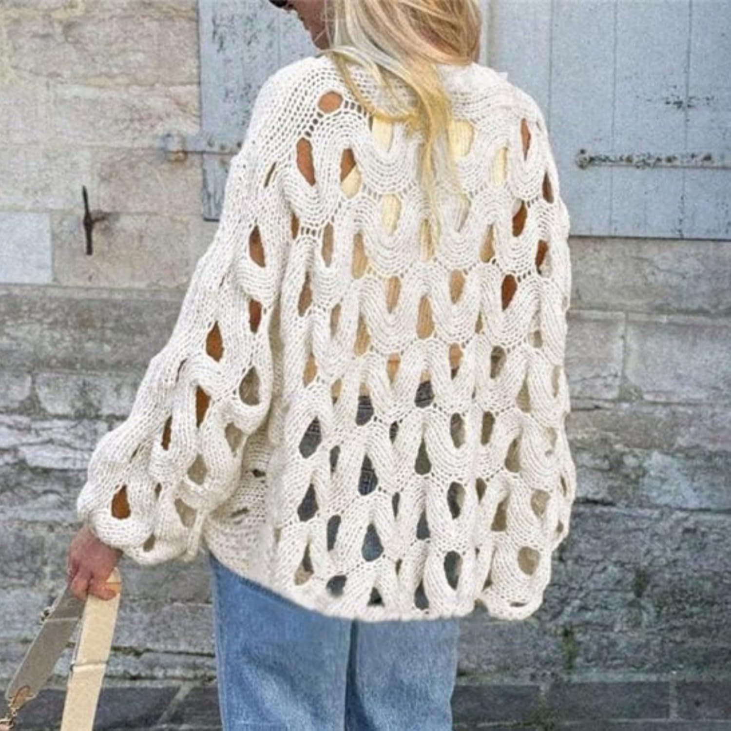Perbai Womens Hollow Out Sweater Crew Neck Long Sleeve Oversized Crochet Knit Summer Coverup Crop Top