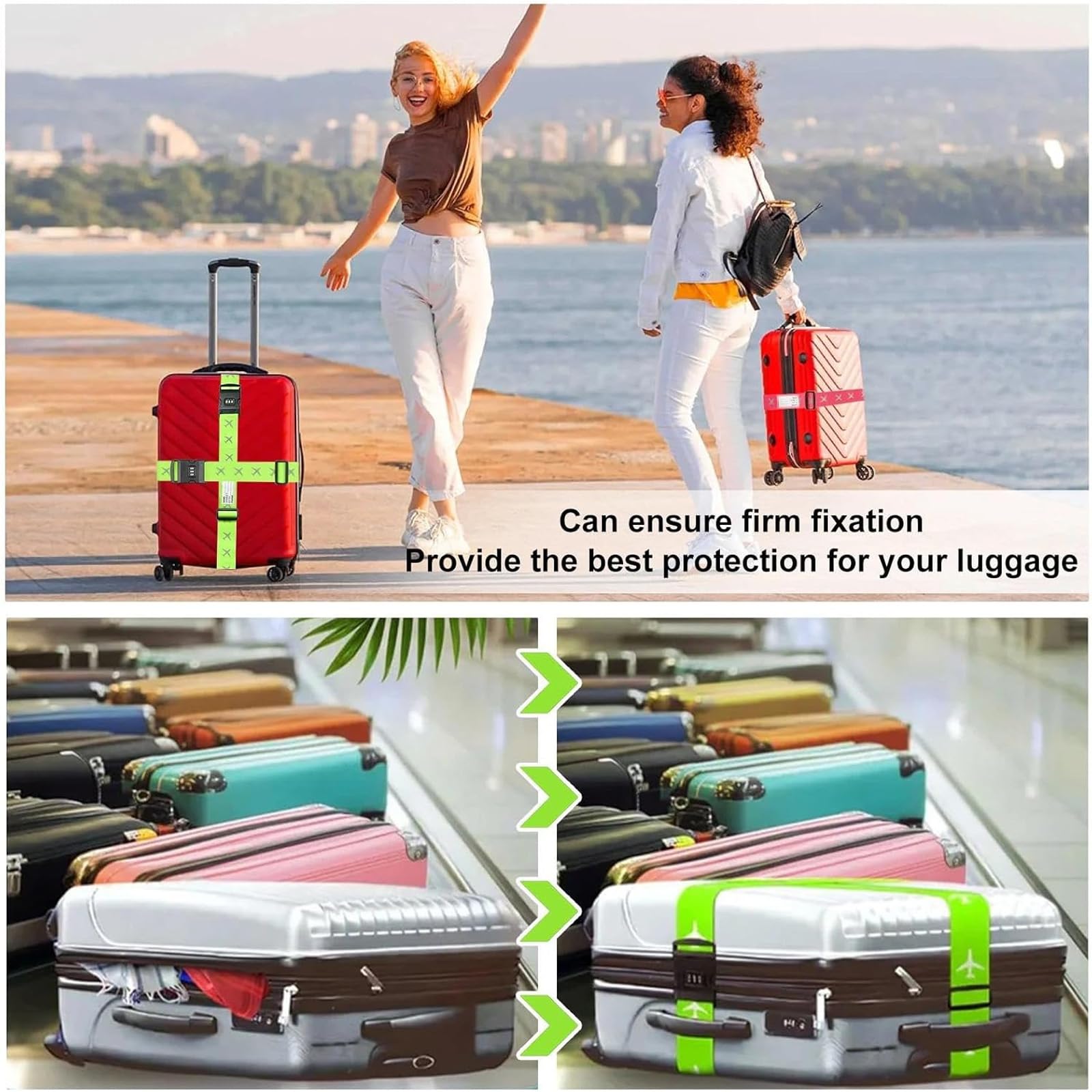 4 Pièces Sangle Valise Voyage avec Code, Sangles pour Bagages Réglables Ceinture Valise, Ensemble de Sangle de Bagage Croisées avec Etiquette pour Valise Bagage Sac de Voyage, Vert + Rose