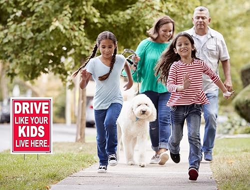 Miniatura 2 de Drive Like Your Kids Live Here Letrero de patio (paquete de 2) de 18 x 24 pulgadas, altamente visible, rojo/blanco, doble cara + soporte de metal,