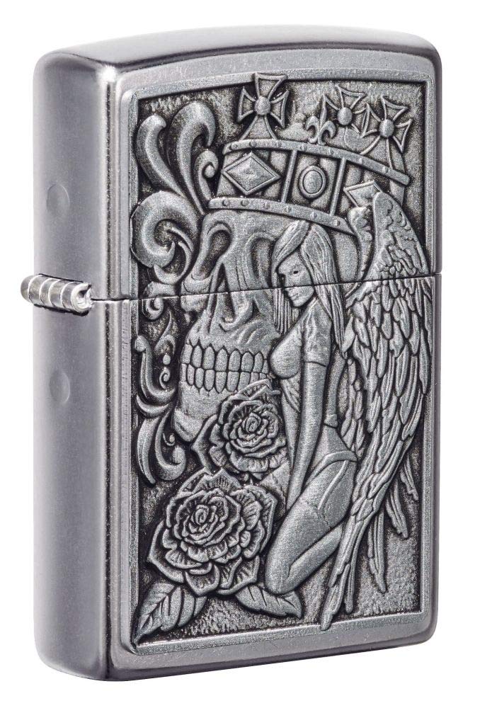 Zippo Skull and Angel Emblem Street Chrome Pocket Lighter