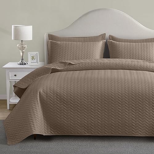 Maple&Stone Juego de edredón tamaño individualindividual XL, colcha beige ligera con patrón de cheurón ultrasónico para todas las estaciones,