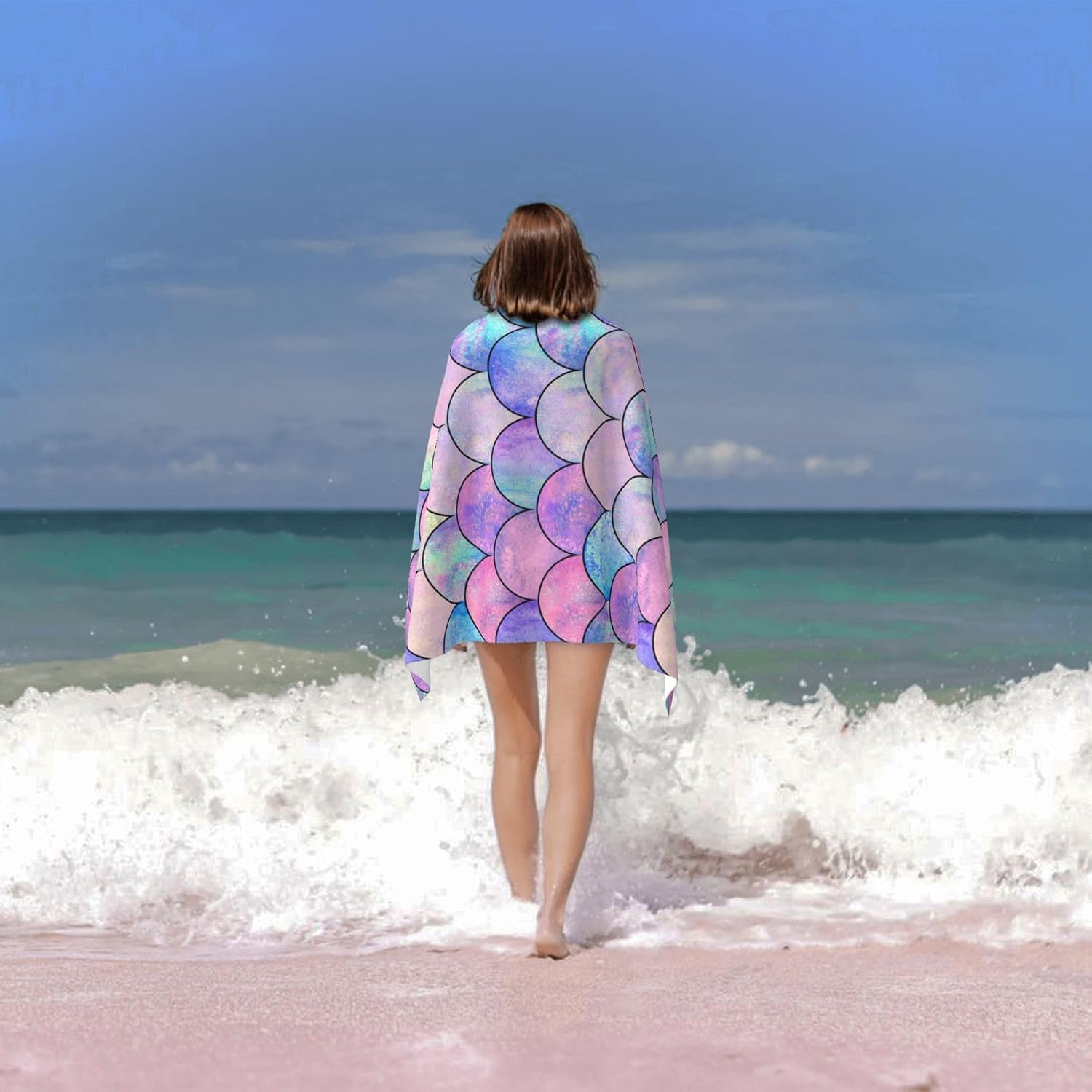 WIBUE Mermaid Microfiber Oversized Beach Towel, Lightweight Quick Dry Sandproof Towels 60”x30” for Swim Pool Yoga Gym Camping Beach Essentials Accessories Vacation Gift (Mermaid)