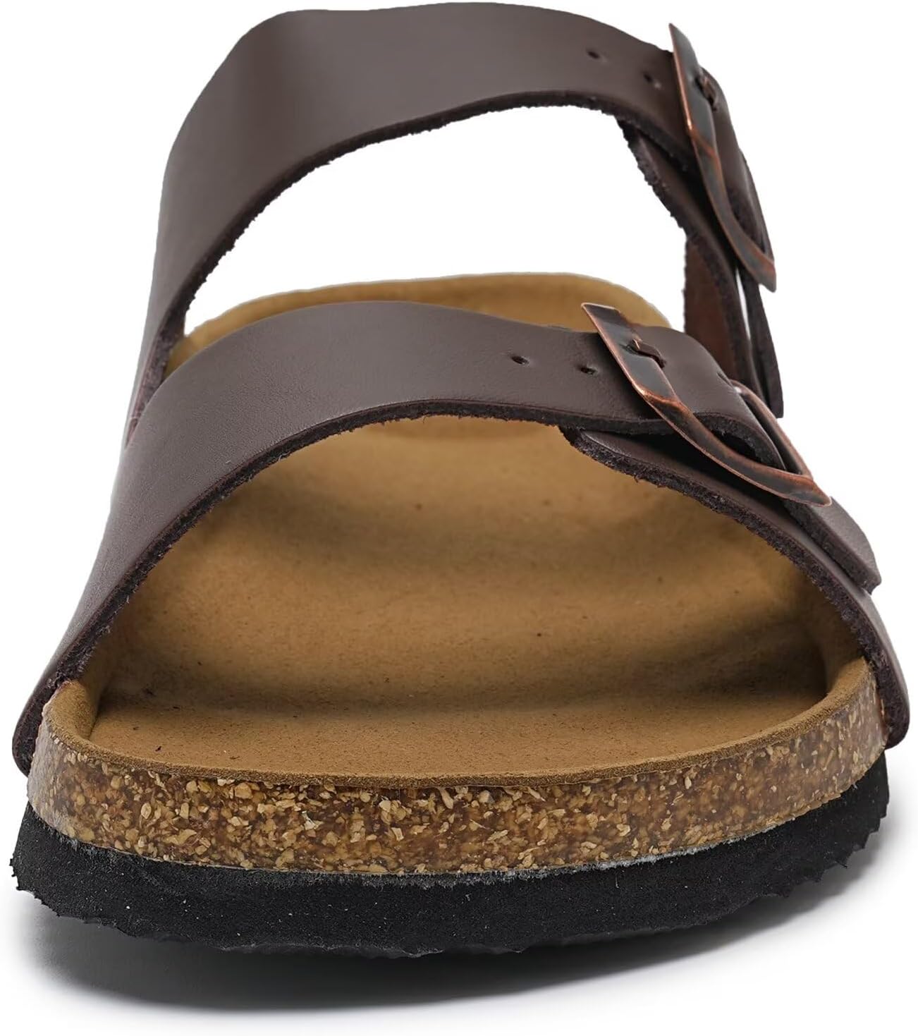 Torotto Genuine Leather Mens Slides with Cork Footbed Open Toe Adjustable Webbing Flat Sandals for Walking | Beach | Indoor(Leather/Red brown-45) - Image 2