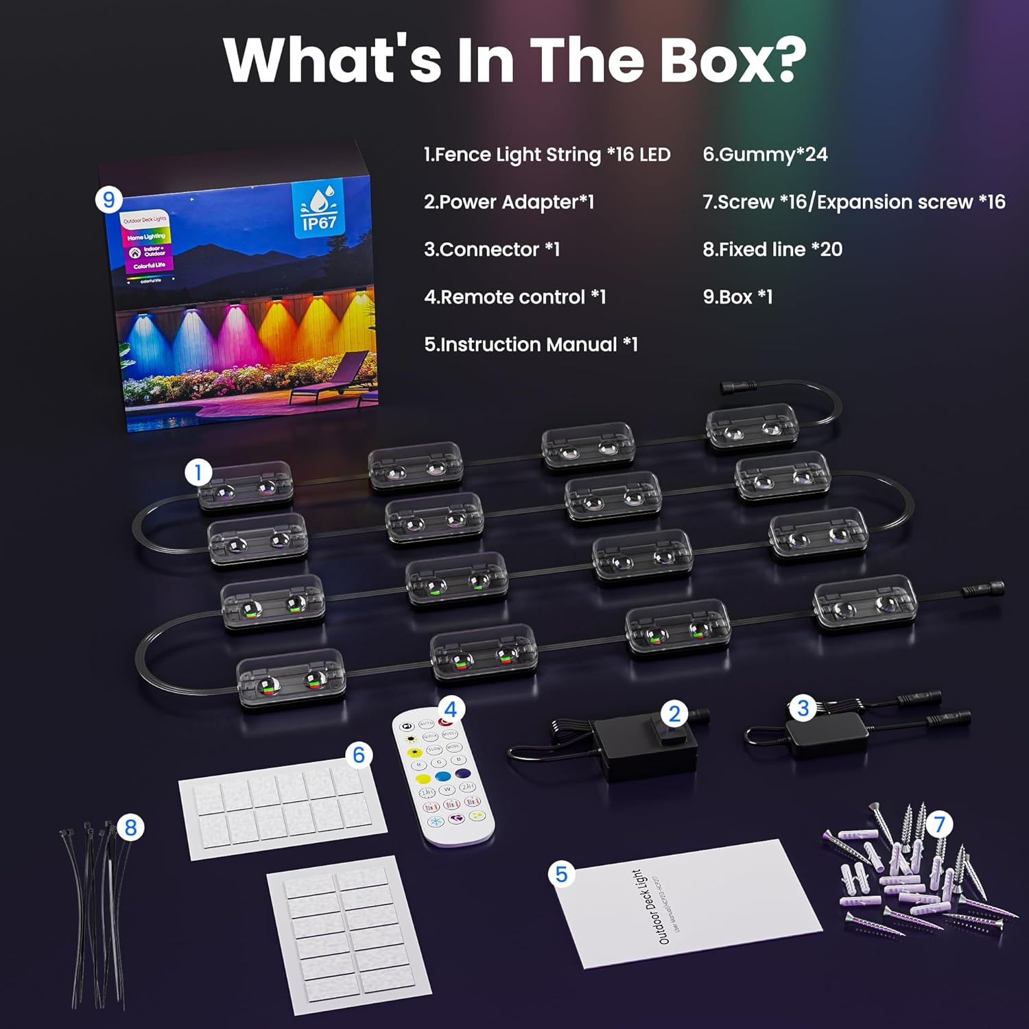 16 Packs Outdoor Deck Lights, Smart RGBIC Fence Light, with APP/Remote Control, 16 Million Monochrome Modes,IP67 Waterproof, Color Changing Fence Lights for Fence（100ft）