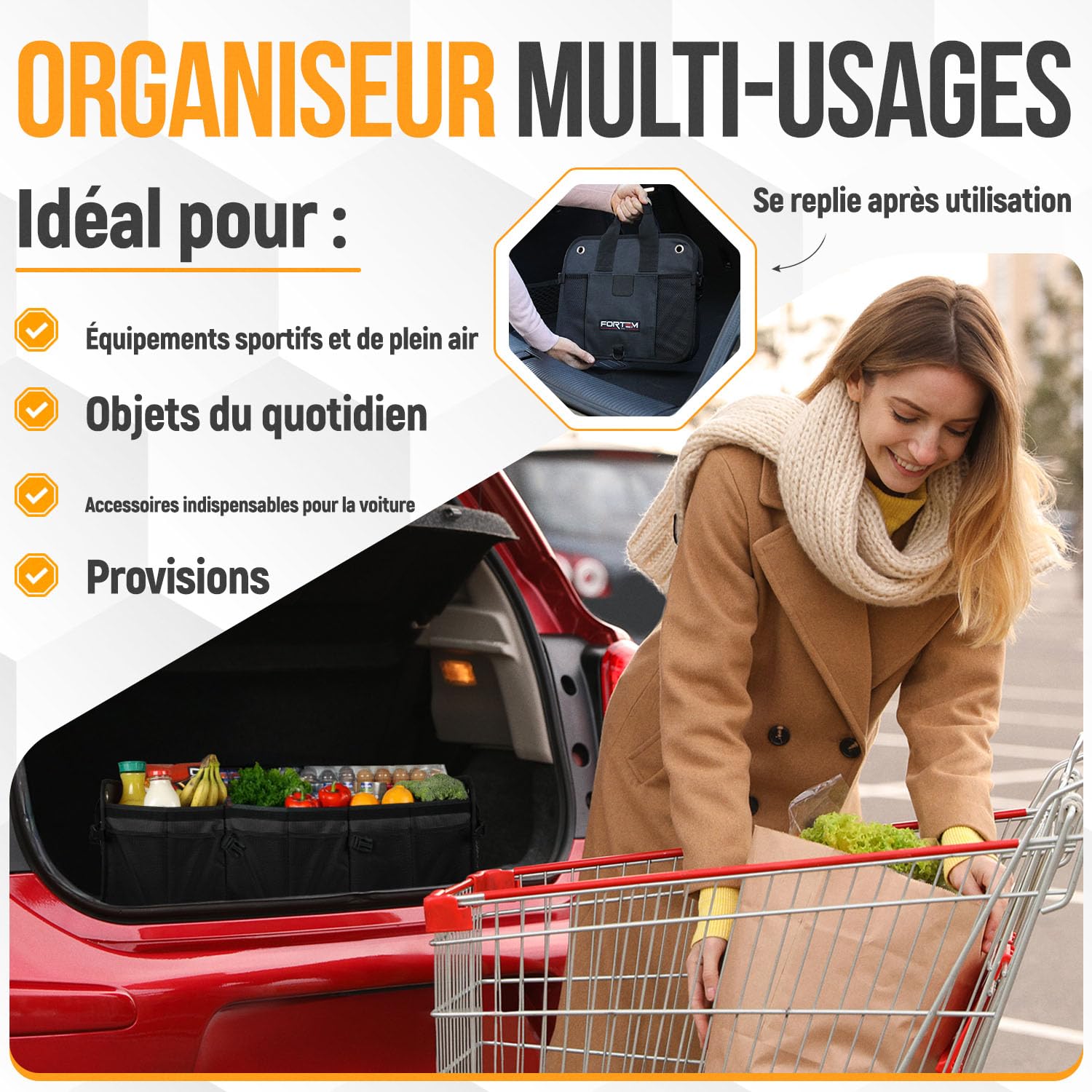 FORTEM Rangement Coffre de Voiture, Pratique et Spacieux, Boite Rangement voiture interieur pliable, Organisateur de Coffre Fond Antidérapant, Sangles de Sécurité et couvercle souple, Car Accessories