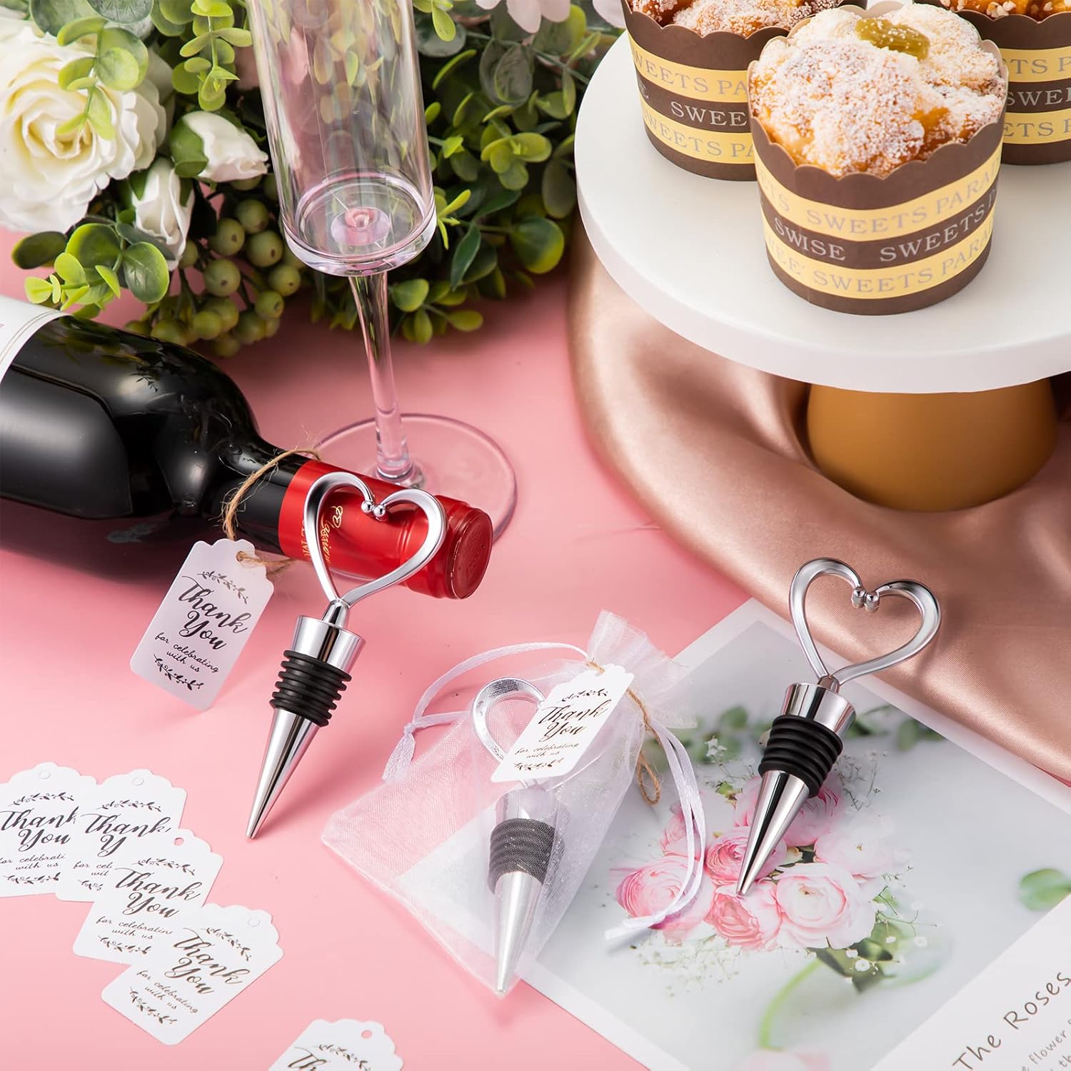 60 Pack Bridal Shower Favors Heart Shape Wine Stoppers Bulk Wedding Favors for Guests Love Wine Bottle Stopper Sliver Champagne Beer Bottle Cover with Sheer Bags Labels Wedding Gift Valentine Decor
